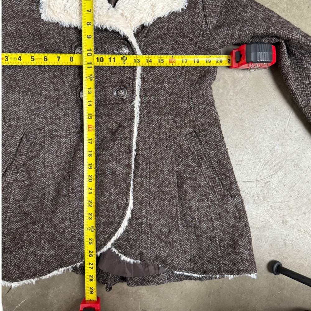 Y2K Forever 21 Brown Herringbone Double Breasted Faux Fur Trim Coat Womens Large - Picture 6 of 12